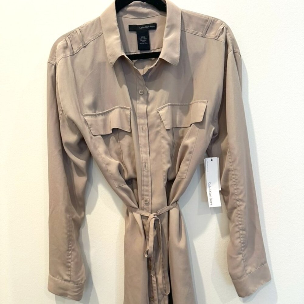 Khaki silky long sleeve shirt dress - Calvin Klein